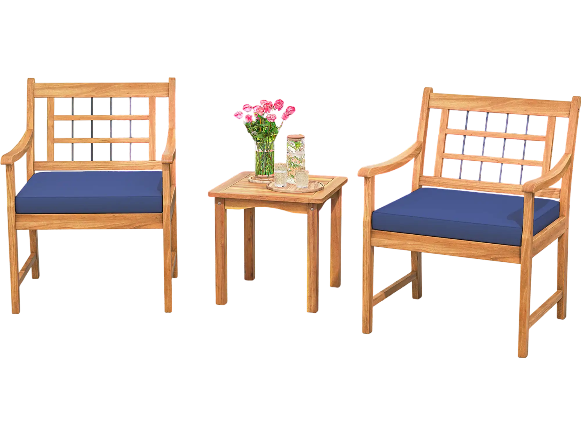 Costway 3-Piece Acacia Wood Patio Furniture Set w/ Seat Cushions Navy 79814632 New