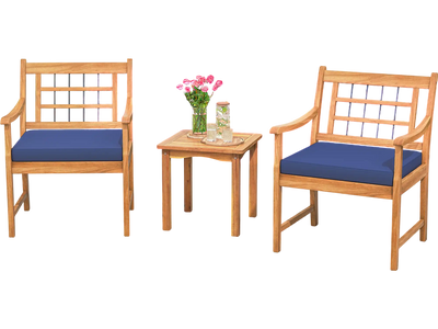 Costway 3-Piece Acacia Wood Patio Furniture Set w/ Seat Cushions Navy 79814632 New