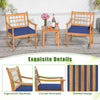 3-piece wood patio furniture set featuring acacia wood chairs with navy seat cushions, perfect for outdoor relaxation.