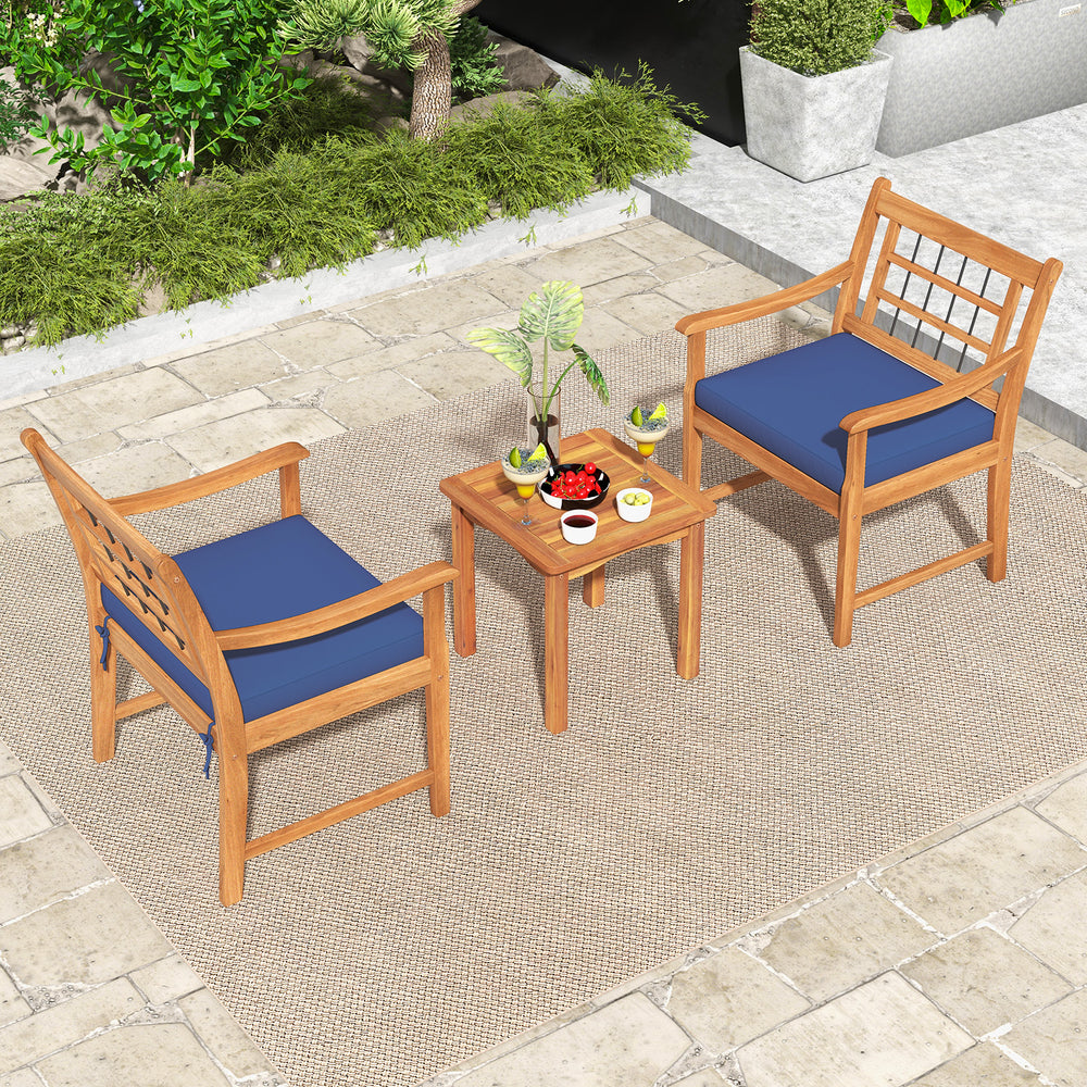 3-piece wood patio furniture set featuring acacia wood chairs with navy cushions, perfect for outdoor relaxation.