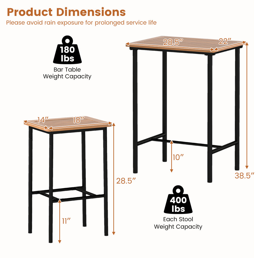 Rectangular acacia wood patio bar table with metal frame, 28.5" height, holds 180 lbs, ideal for outdoor spaces.