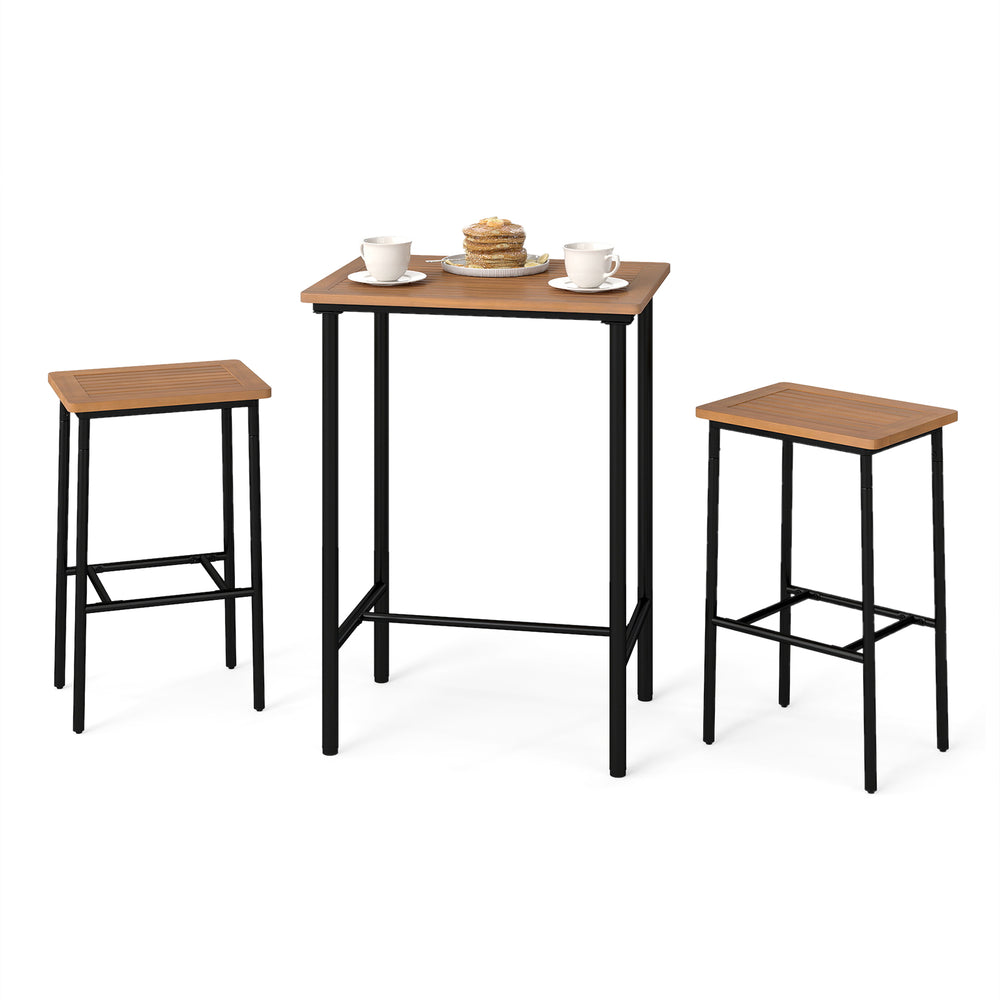 Acacia wood patio bar set featuring a rectangular table and two stools with a sturdy metal frame, ideal for outdoor.