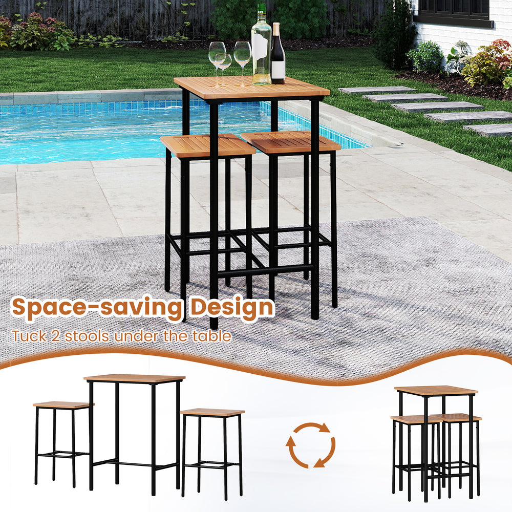 Acacia wood patio bar set featuring a rectangular table and two stools, designed for space-saving and outdoor comfort.