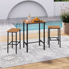 Acacia wood patio bar set featuring a rectangular table and two stools, perfect for outdoor relaxation by the poolside.