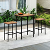 Rectangular acacia wood patio bar set with metal frame, featuring two stools, ideal for outdoor spaces like balconies.