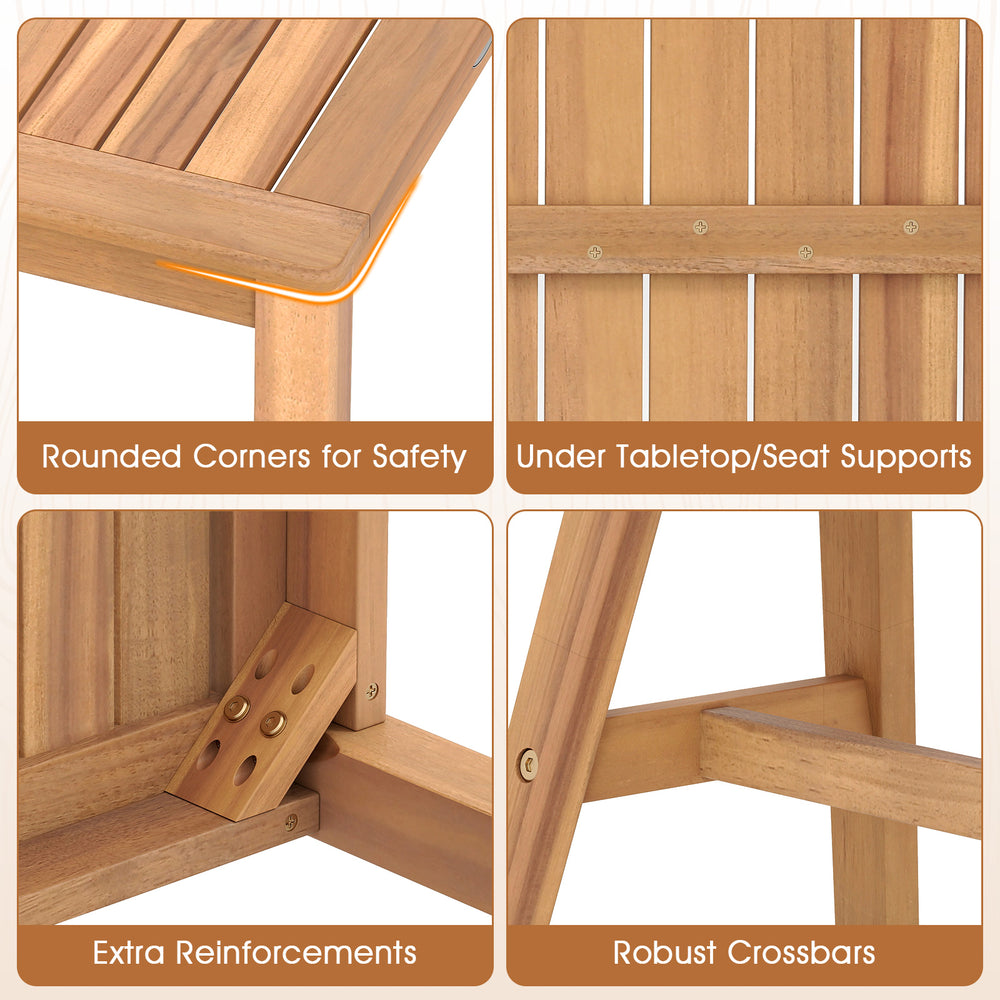 Detail of the 3-piece acacia wood patio dining set showing rounded corners, under-table supports, and robust crossbars.