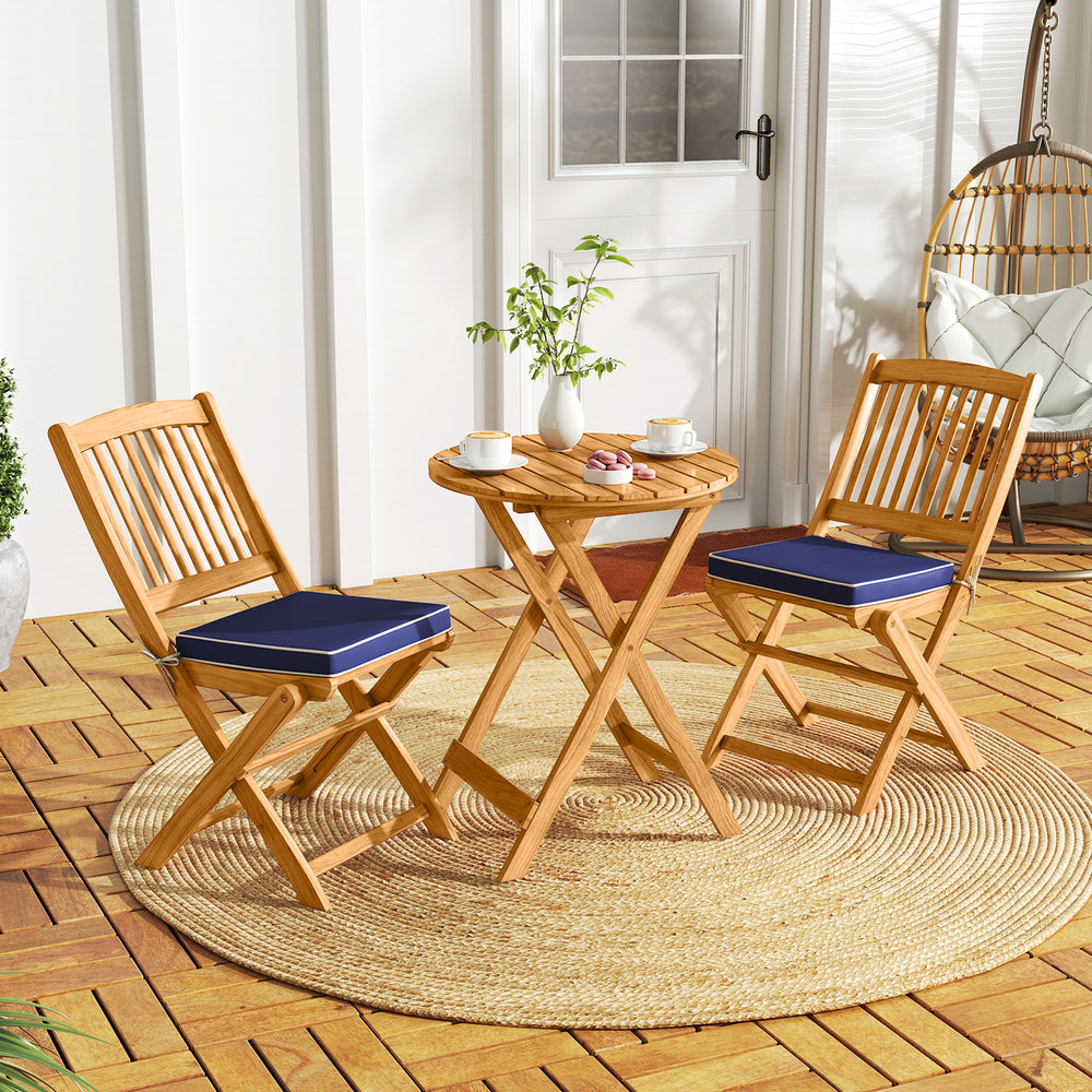3 Pieces Acacia Wood Patio Folding Bistro Set with Soft Cushions-Navy - Gallery View 1 of 10