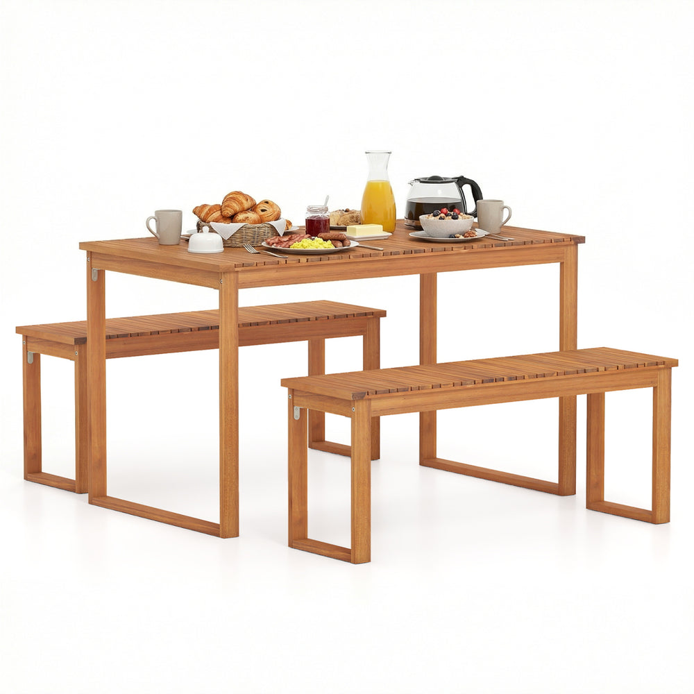 Acacia wood picnic set featuring a large outdoor dining table and two benches, perfect for patio gatherings.