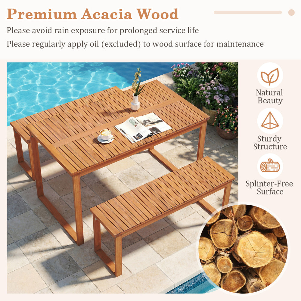 Acacia wood picnic set featuring a large table and two benches, perfect for outdoor dining and seating four people.