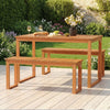 Acacia wood picnic set featuring a large dining table and two benches, perfect for outdoor gatherings in the garden.