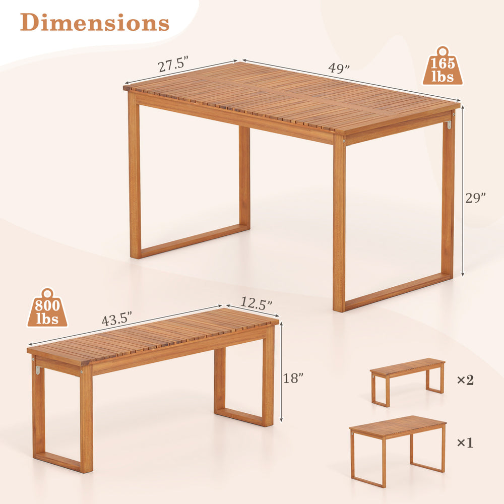 Acacia wood picnic set featuring a 49" outdoor dining table and two benches, ideal for patio seating for 4 people.