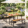 Acacia wood patio dining table set with two benches, featuring an umbrella hole, perfect for outdoor gatherings.