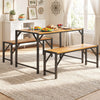 Acacia wood patio dining table set with umbrella hole, includes table and two benches, perfect for outdoor gatherings.