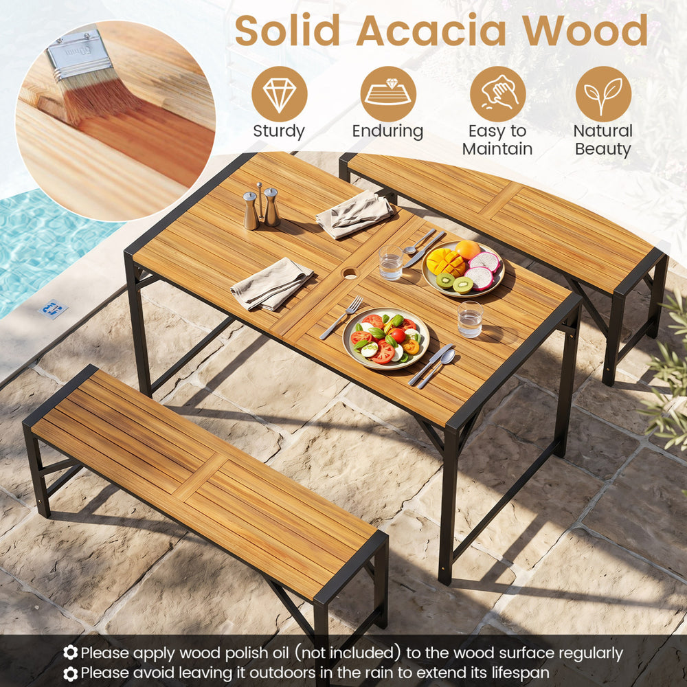 Acacia wood patio dining table set with umbrella hole, includes table and 2 benches, perfect for outdoor gatherings.