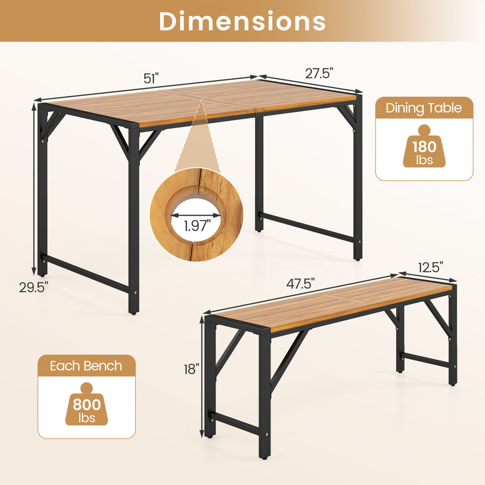 Dimensions of the 3-piece acacia wood patio dining table set with umbrella hole, seating up to 6 people comfortably.