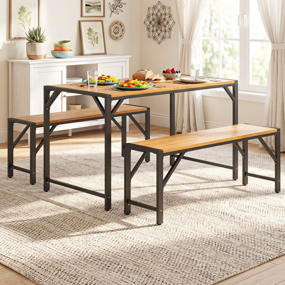 Acacia wood outdoor bench with slatted seat, sturdy metal framework, and 47.5" length for versatile backyard seating.