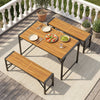 Acacia wood outdoor bench set with slatted seats, sturdy metal framework, ideal for backyard or patio seating.