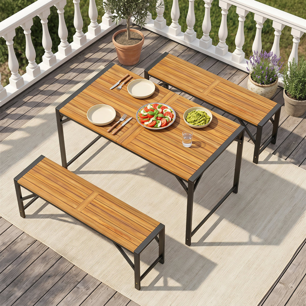 Acacia wood outdoor bench set with slatted seats, sturdy metal framework, ideal for backyard or patio seating.