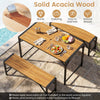 Backless acacia wood outdoor bench set with slatted seat, sturdy metal framework, ideal for backyard and patio use.