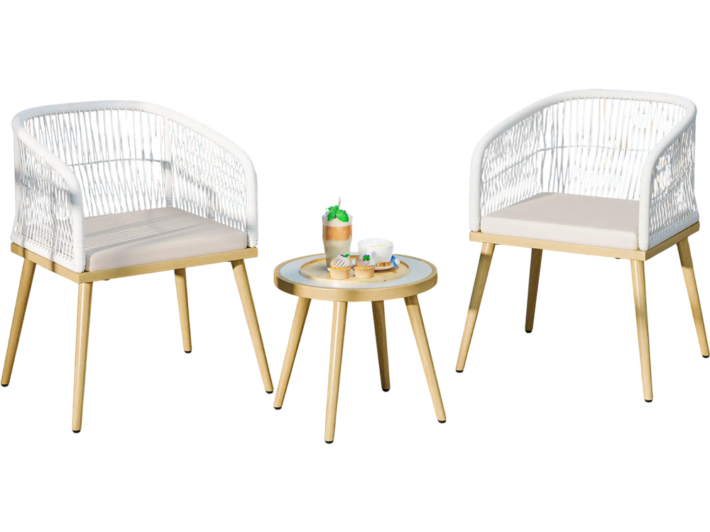 Two white PE wicker chairs and a round coffee table on a balcony, perfect for outdoor bistro settings.