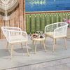 Two white PE wicker chairs and a round coffee table on a patio, ideal for outdoor bistro settings and small spaces.