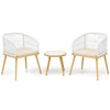Two white PE wicker chairs and a round coffee table, perfect for small outdoor spaces like patios or balconies.
