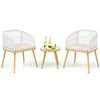 Two white PE wicker chairs with beige cushions and a round coffee table, ideal for outdoor bistro settings.