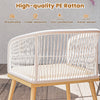 Curved backrest of the white PE rattan chair from the 3-piece outdoor bistro set, ideal for small patios and balconies.