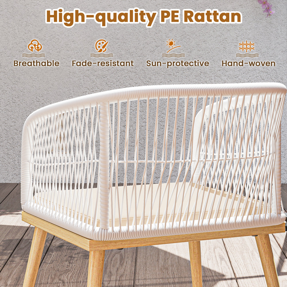 Curved backrest of the white PE rattan chair from the 3-piece outdoor bistro set, ideal for small patios and balconies.