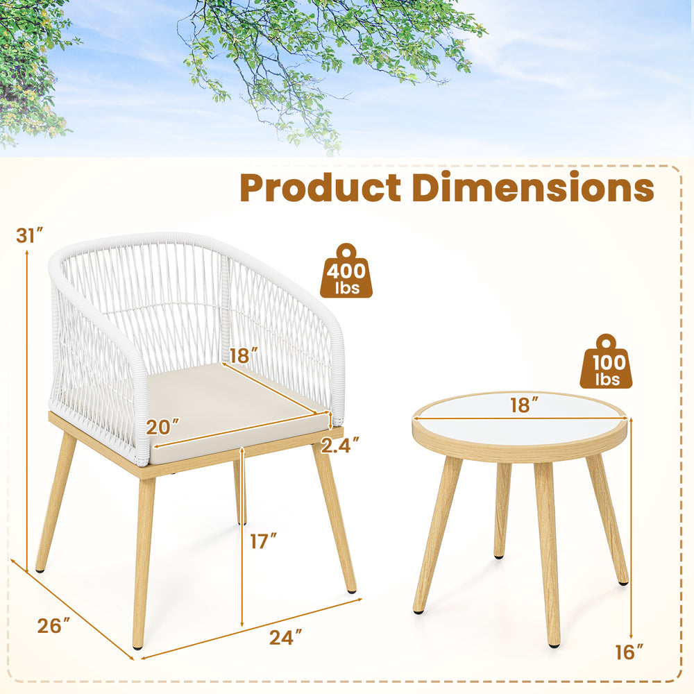 Dimensions of the 3-piece outdoor bistro set featuring a white PE wicker chair and round coffee table for small spaces.