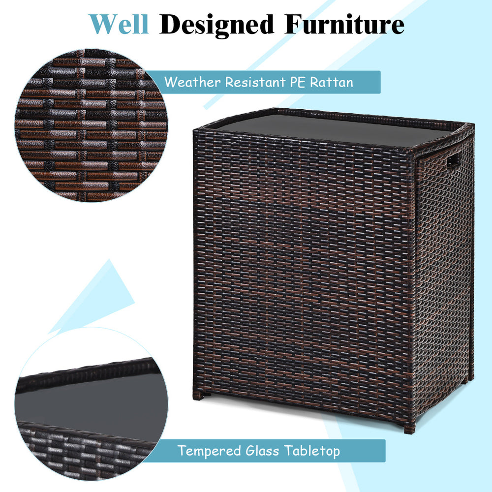 Cushioned wicker patio bistro set featuring weather-resistant PE rattan and a tempered glass tabletop for outdoor use.