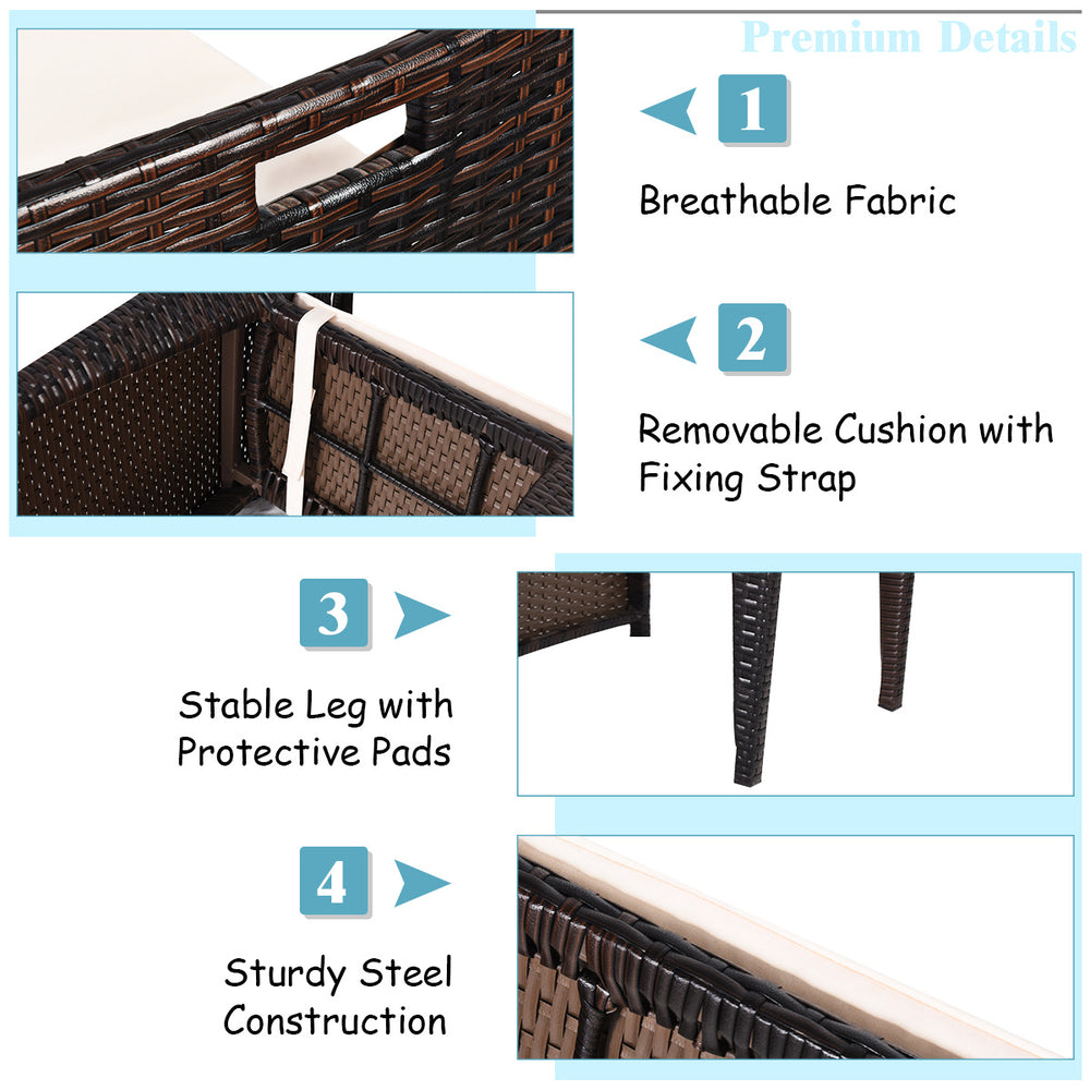 Cushioned wicker patio bistro set featuring a sturdy steel frame and removable cushions for easy cleaning and comfort.