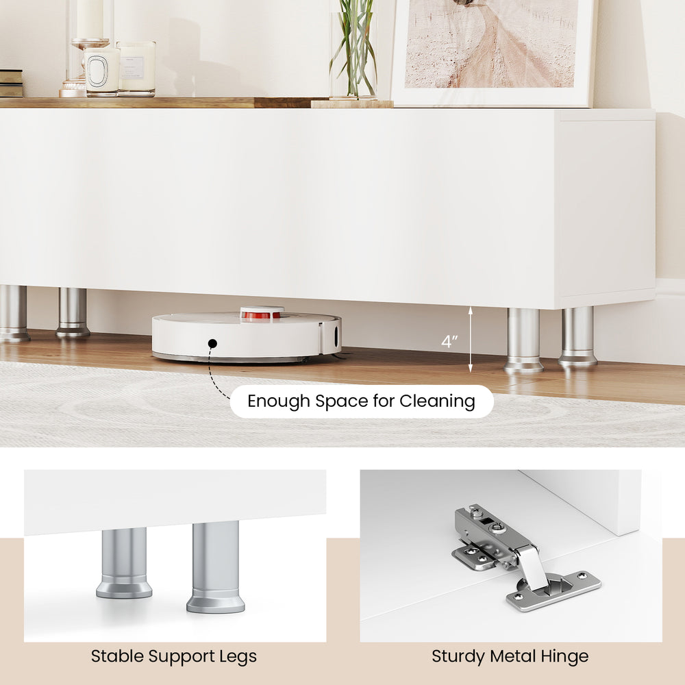 Elevated design of the farmhouse TV stand with stable support legs, providing 4" space for easy cleaning and.