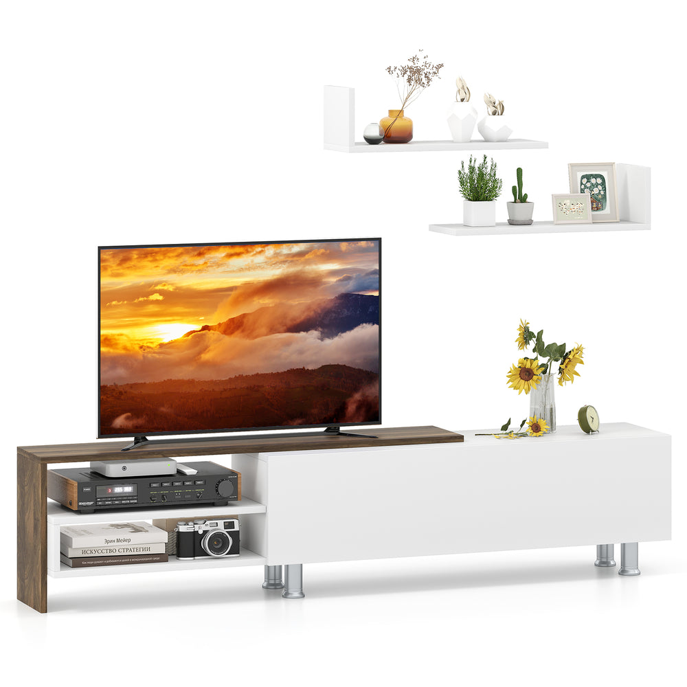 Farmhouse TV stand in white for TVs up to 80 inches, featuring open compartments and floating shelves for versatile.