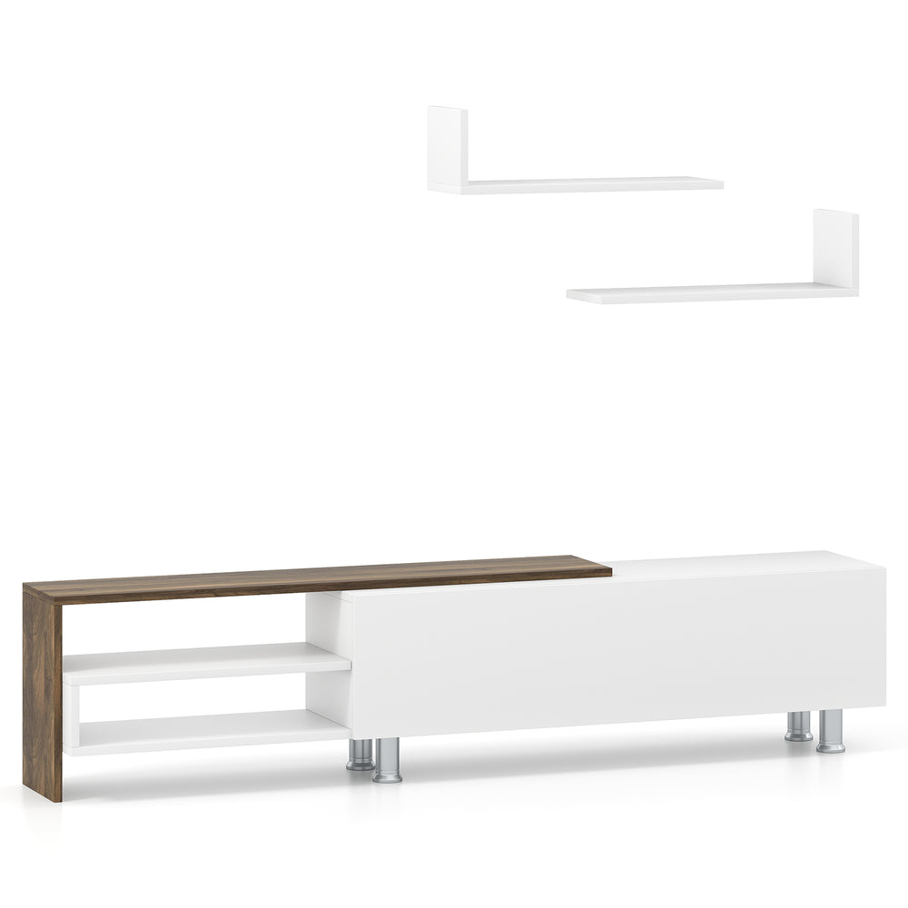 Farmhouse TV stand with white finish and wood top, featuring storage compartments and floating shelves for TVs up to 80.