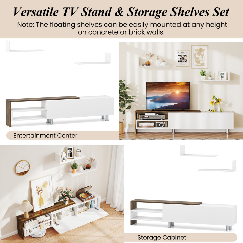Farmhouse TV stand with cabinet and compartments for TVs up to 80 inches, featuring versatile floating shelves for.