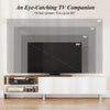 Farmhouse TV stand for TVs up to 80 inches, featuring a wide tabletop, open compartments, and a flip-over cabinet.