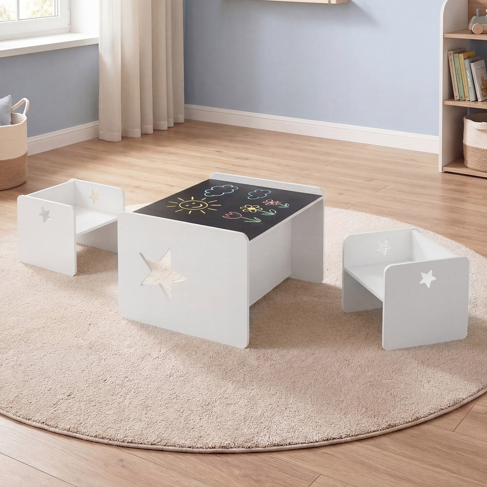 Kids table and chair set in white with chalkboard top, perfect for playrooms and safe for toddlers.
