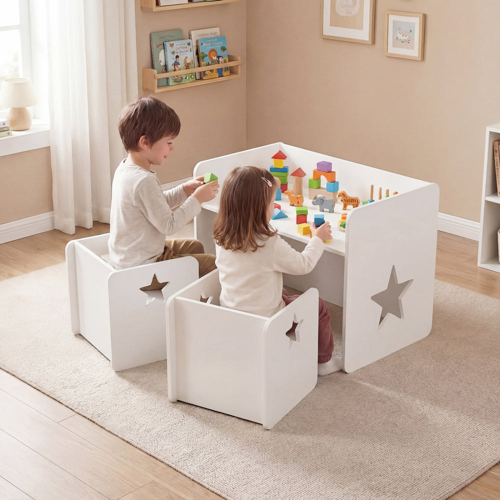 Kids playing at a white 3-piece table and chair set with star cutouts, perfect for toddler rooms and safe use.