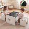 Kids table and chair set with built-in chalkboard, ergonomic design, and space-saving storage for toddlers.