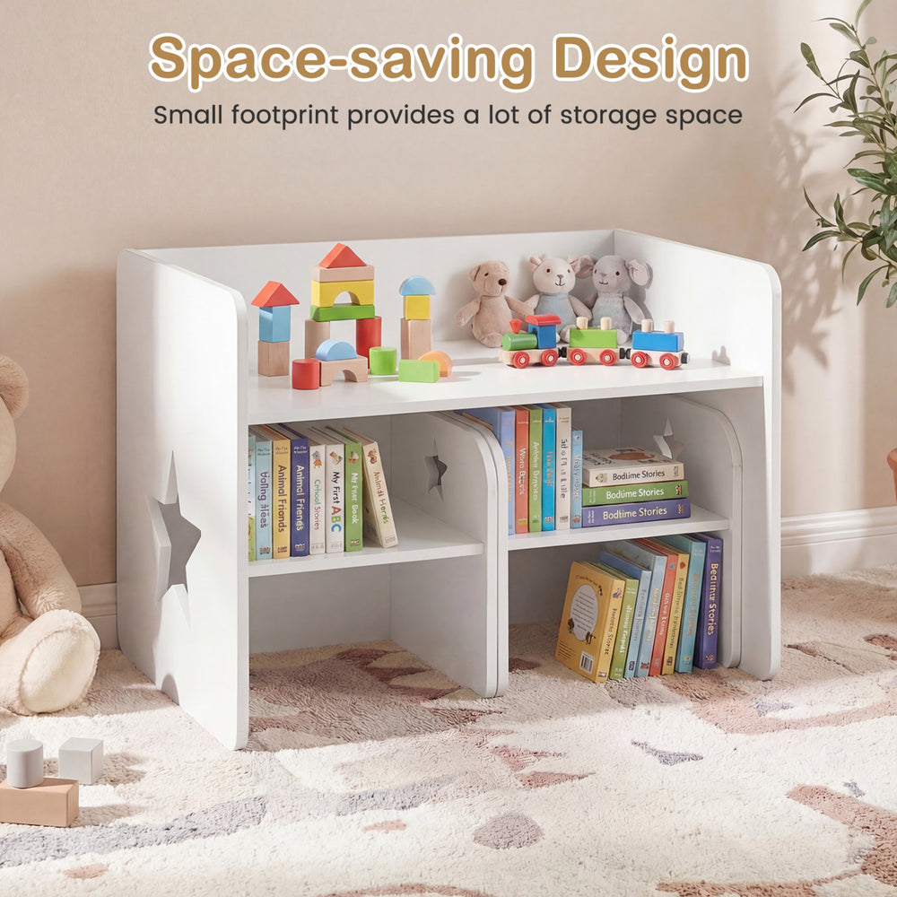 Kids table and chair set in white with storage space, featuring a chalkboard and ergonomic design for cozy sitting.