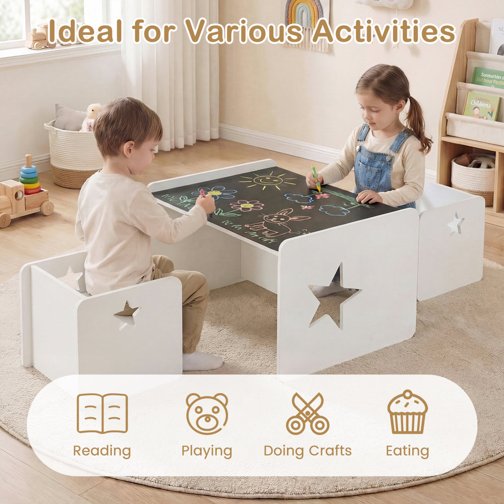 Kids table and chair set in white with chalkboard surface, perfect for reading, playing, and crafting activities.