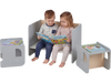 Kids sitting on a gray 3-piece table and chair set, reading books, perfect for playrooms and safe use.