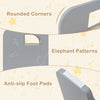 Detail of the kids table set showing rounded corners, elephant patterns, and anti-slip foot pads for safety.