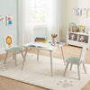 Kids table and chairs set with animal patterns, solid wood legs, and rounded corners for safe play and creativity.