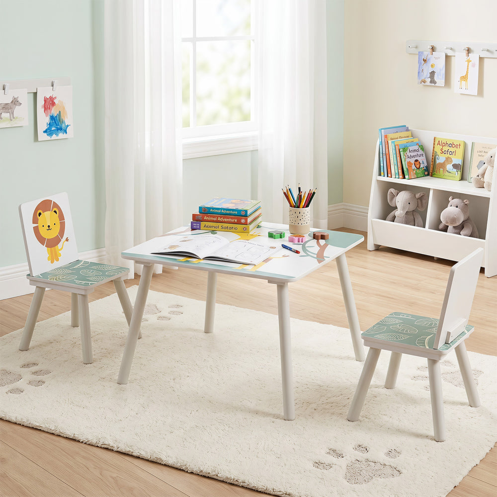 Kids table and chairs set with animal patterns, solid wood legs, and rounded corners for safe play and creativity.