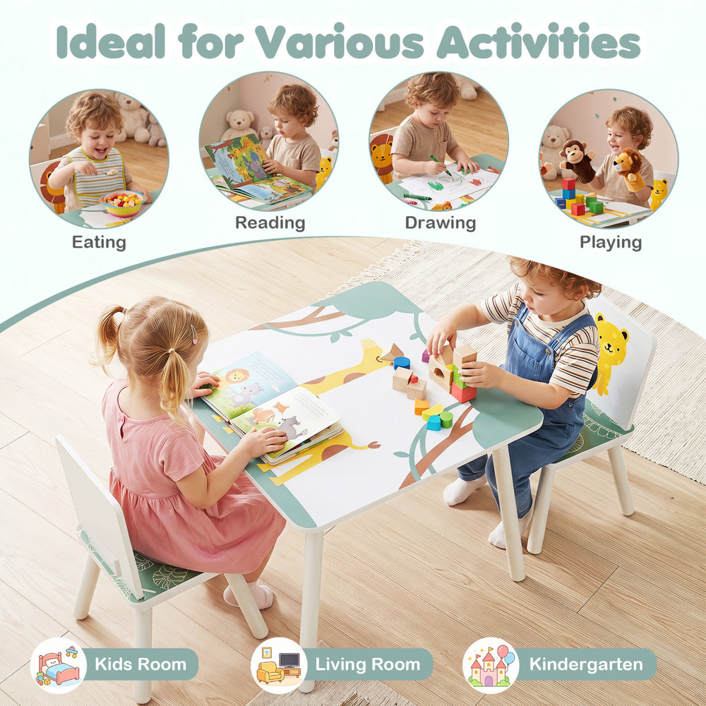 Kids table and chairs set with animal patterns, solid wood legs, ideal for drawing, reading, and playing in various rooms.