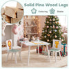 Kids table and chairs set with animal patterns, featuring solid pine wood legs and rounded corners for safety and stability.