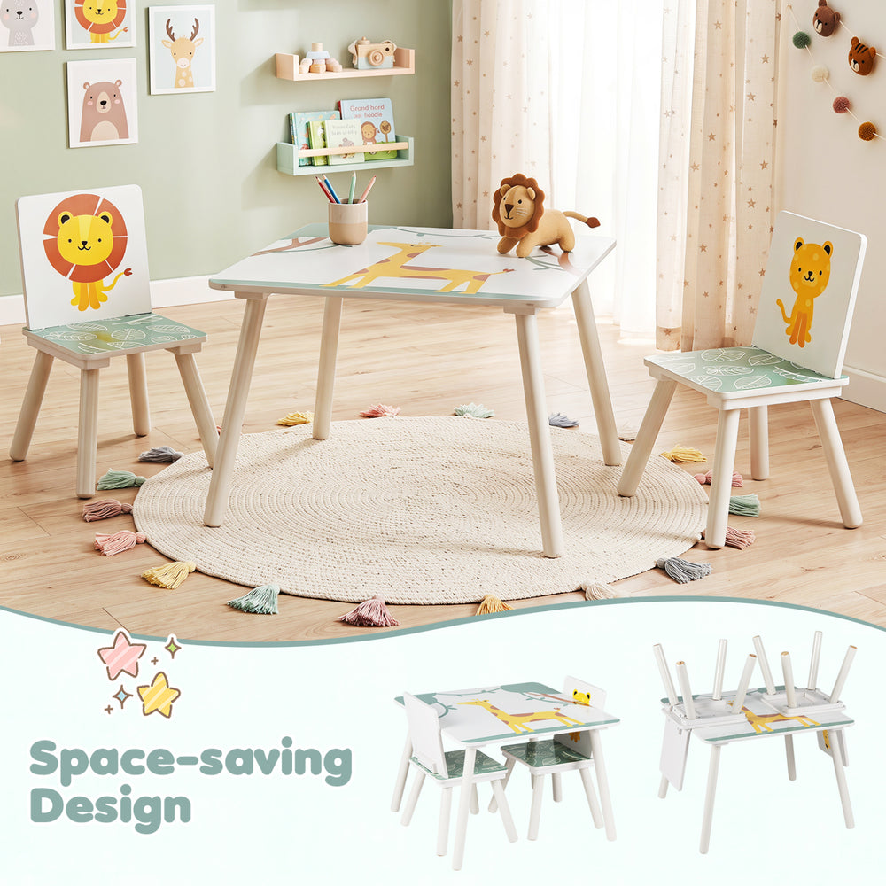 Kids table and chairs set with animal patterns, featuring solid wood legs and rounded corners for safe, fun playtime.