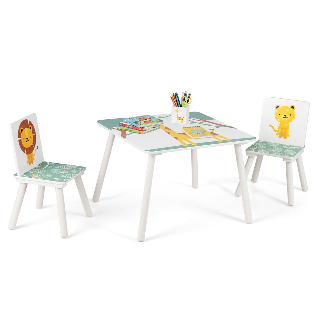 3-piece kids table and chairs set with animal patterns, solid wood legs, and rounded corners for ages 3-6 years old.